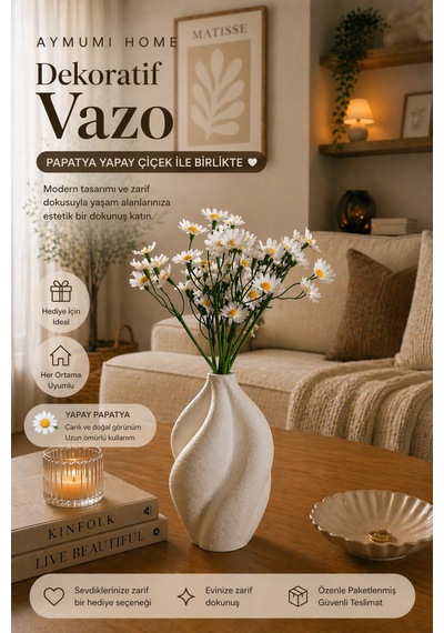 Dekoratif Vazo Yapay Papatya Çiçekli Modern Minimal Sehpa Masa Ev Dekoru Hediye Seti