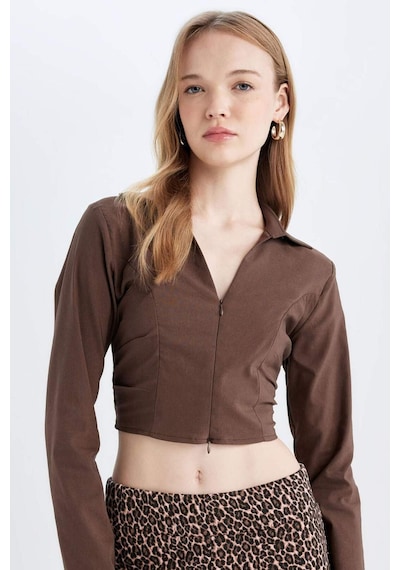DeFacto Fitted Vucuda Oturan Gömlek Yaka Fermuarlı Bengalin Uzun Kollu Crop Basic Düz Bluz C5037AX24AUBN322