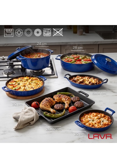 Lava Döküm Tencere Tava Aile Seti 6'lı Mavi