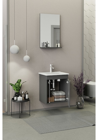 Biani Fix Arya Slım 50 Cm Banyo Dolabı,Seramik Lavabolu, Aynalı,Lavabo Dahil,Mdf,Mat Gri