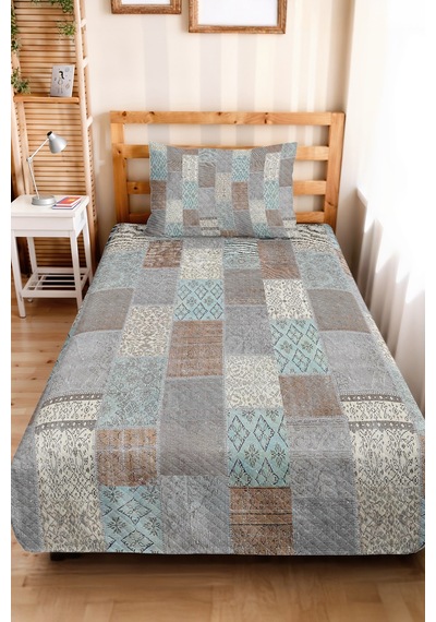 Geometrik Gri Genç Odası Tek Kişilik Pike Takımı-patchwork Turkuaz 160x220 Cm Kapitone Yatak Örtüsü Kırçıllı Misk Akışı