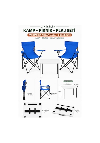 2 Sandalyeli Katlanır Kamp Masa Sandalye Seti 60x45 Cm 3 Parça Beyaz - Mavi