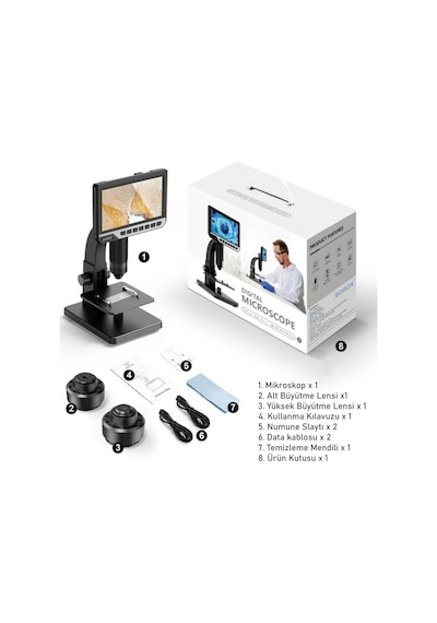 Borox Lab Dijital Mikroskop Çift Lens 2000x Büyütme 7'' 12 Mp