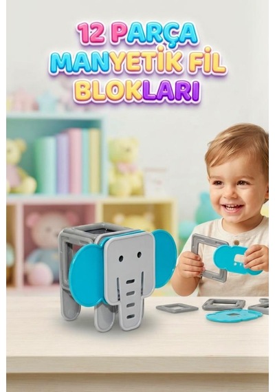 Minik Mimarların İlk Eğlence Seti: 12 Parça Manyetik Fil Blokları Eğlenceli Eğitici Set