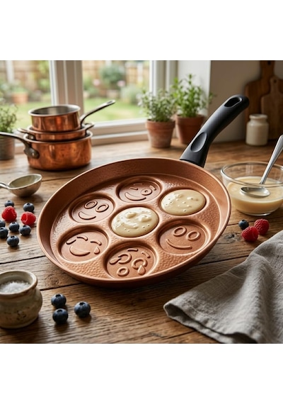 Papilla Redio Emoji Pankek Ve Yumurta Tavası - 7 Bölmeli Gülen Yüz Tasarımlı, Yanmaz Yapışmaz Krep Tavası 28 Cm Bronz Çok Renkli