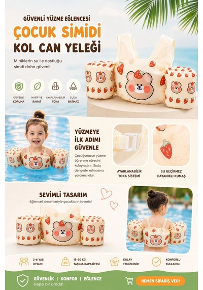 Toyflyer Çilek Ayıcık Desenli Kolluklu Çocuk Yüzme Yeleği Gövde Destekli 2-6 Yaş 15-30 Kg Fl004