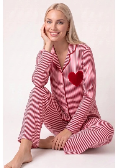 Angbutik Pjs 30144 Kadın Çizgili Uzun Kol Pijama Takımı Kırmızı