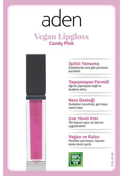 Aden Vegan Lipgloss - Vegan Dudak Parlatıcısı 04 Candy Pink Şeker Pembesi Pembe