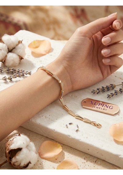 Xuping Premium 14k Altın Kaplama Taşlı Mekik Ve Trok Detaylı Vıp Zincir Bileklik Altın - Çelik