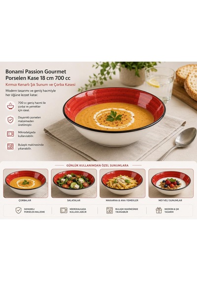 Bonami Passion Gourmet Porselen Kase 700 Cc, 1 Parça, Kırmızı Kenarlı, Çorba Ve Sunum Kasesi Kirmizi