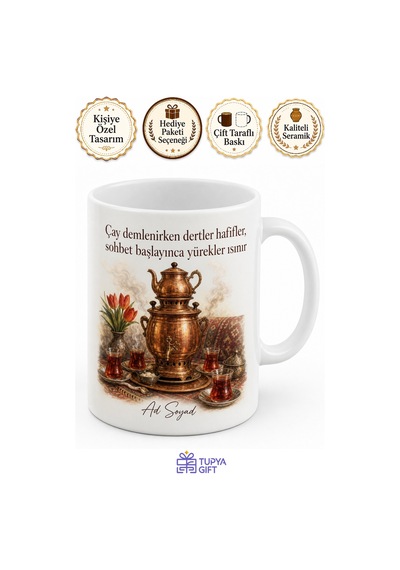 Semaver Başında Sohbet Temalı Kupa Bardak Hediye Porselen Mug Beyaz / Çok Renkli