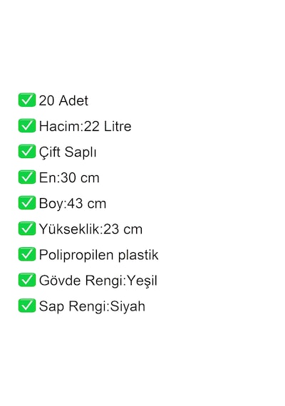 Plastik Alışveriş El Sepeti Çift Saplı 22 Litre Yeşil 20 Adet / En:30 Boy:43 Yükseklik:22 Cm Yeşil
