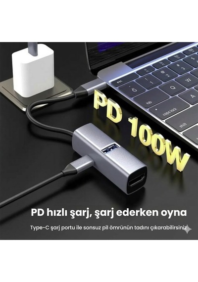 3in1 4k Hdmi Usb 3.0 Pd 100w Type-c Şarj Girişli Çevirici Adaptör Hub