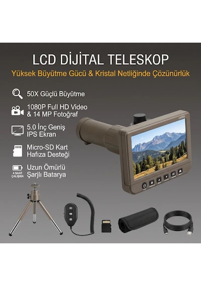Um053 5.0 İnç Ips Ekranlı 50x Dijital Teleskop - 1080p Full Hd Video, 14 Mp Fotoğraf, Tripod & Uzaktan Kumandalı Uzak Mesafe Gözlem Dürbünü
