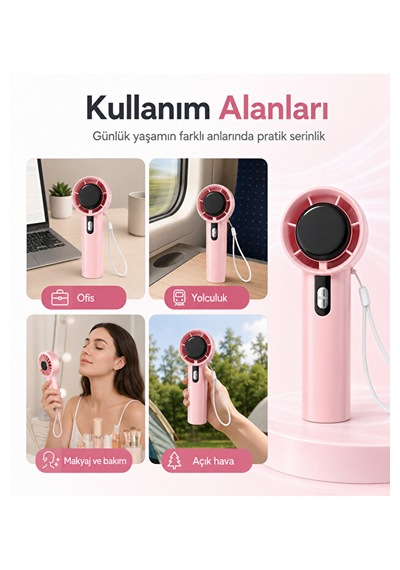 100 Kademeli Hız Ayarlı Şarjlı El Fanı Dijital Göstergeli Taşınabilir Mini Vantilatör Pembe
