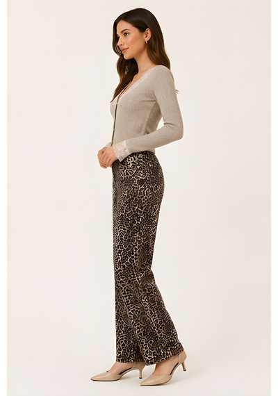 Lili Woman Kadın Yüksek Bel Leopar Desenli Wide Leg Pantolon Ty.lpr01 Kahverengi