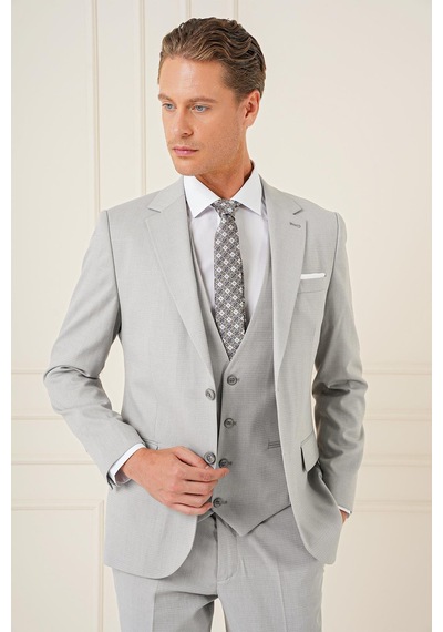 Efor Slim Fit Dokulu Çift Yırtmaç Yelekli Klasik Gri Takım Elbise Tk 898 Gri
