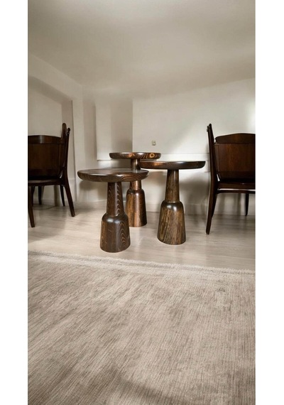 Wood Ahşap 3 Lü Set Ürgüp Mantar Yan Sehpa Konik Model / Ceviz Renk / Zigon Sehpa Vernikli Kahverengi