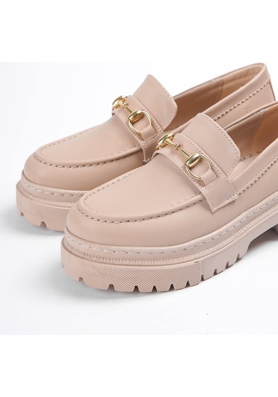 Ferrera Nude Gold Tokalı Deri Günlük Kullanım Loafer Kadın Ayakkabı Nude