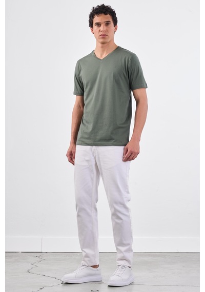 Dufy Haki V Yaka Pamuklu Düz Renk Slim Fit Erkek T-shirt Haki