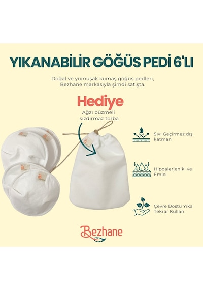 Bezhane Yıkanabilir 6'lı Kumaş Göğüs Pedi