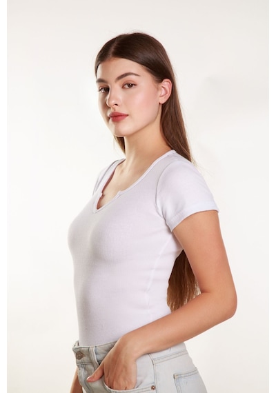 Mea Capio Kadın Basic Fitilli Likralı V Yaka Kollu Tshirt Atlet Bluz Beyaz