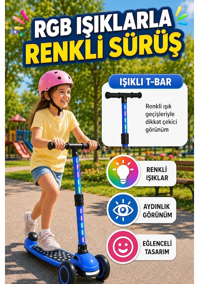 Mavi Speedx Wx-817 Rgb Işıklı Müzikli Çocuk Scooter Ayarlanabilir Alüminyum T-bar Tekerlekli Frenli