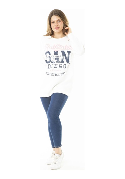 Şans Kadın Büyük Beden Kemik İçi Şardonlu İki İplik Ön Baskılı Sweatshirt 65n37158-kemik Kemik