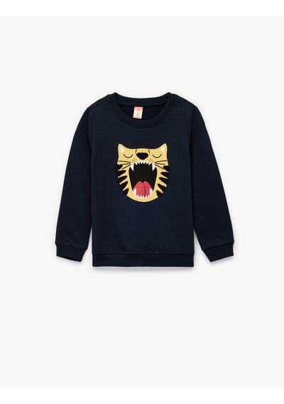 Koton Pamuklu Uzun Kollu Bisiklet Yaka Kaplan Nakışlı Sweatshirt Lacivert 6wmb10088tk Lacivert
