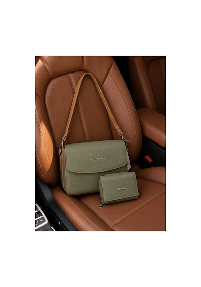 Just Polo Kadın Büyük Boy Ayarlanabilir Askılı Şık Omuz Çantası Ve Cüzdanı Kombin Shopper Yeşil - Camel