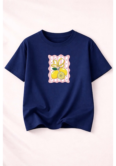 Herkesemoda Limon Baskı Detaylı Bisiklet Yaka Pamuklu Basic T-shirt Lacivert