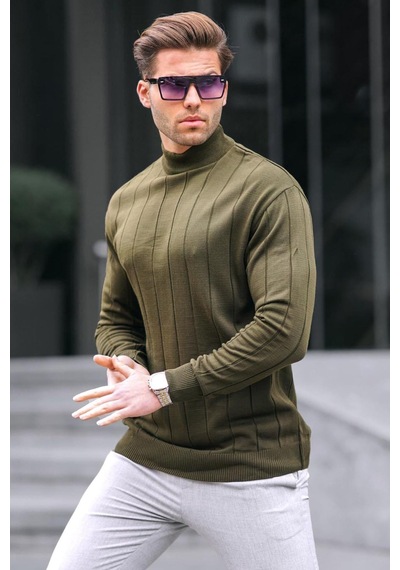 Madmext Haki Slim Fit Yarım Balıkçı Yaka Çizgili Tüylenmeyen Erkek Triko Kazak 6344
