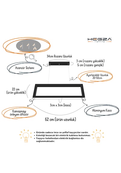 Mesa Siyah Kasa, Doğal Beyaz Işık Ledli Modern Sarkıt Led Avize Siyah
