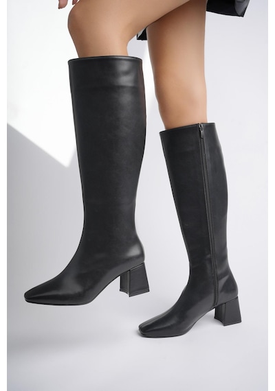 Muggo Karoline Garantili Küt Burun Yandan Fermuarlı Topuklu Kadın Çizme siyah