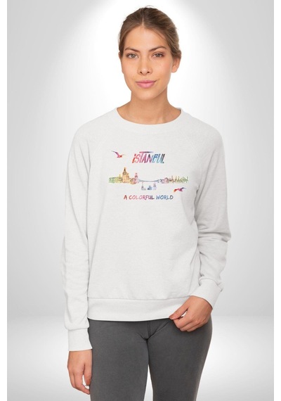 İstanbul Özel Tasarım Unisex Beyaz Sweatshirt Beyaz
