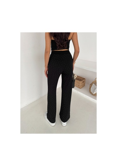 Gugus Kadın Bol Paça Modal Eşofman Altı Taşlı Wide Leg Model Siyah
