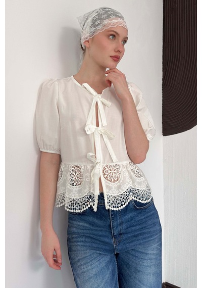 Verymoda Önden Bağlamalı Brode Bluz D2800 Krem