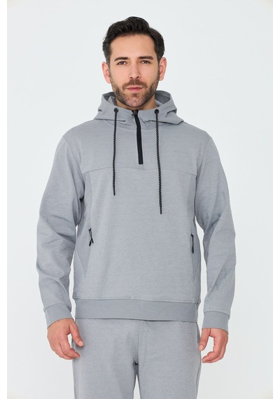 White Stone Gri Kapüşonlu Yarım Fermuarlı Yandan Cepli Erkek Sweatshirt Grey