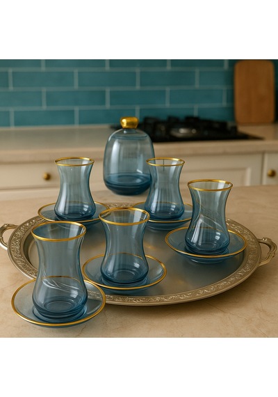 Elta Collection 13 Parça Mavi Lüster Altın Yaldızlı Cam Çay Seti 6 Kişilik Çay Takımı Şekerlik Hediyeli Mavi