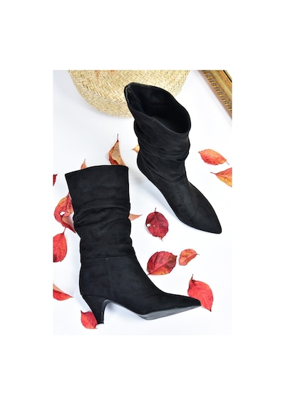 Fox Shoes Siyah Süet Kısa Topuklu Büzgülü Kadın Bot L404810602