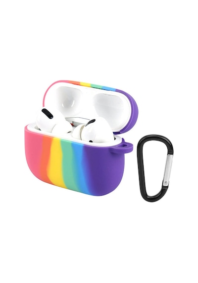 Wozlo Apple Uyumlu AirPods Pro 1. Nesil Silikon Koruma Kılıfı Rainbow Kopçalı Koruyucu Kılıf - Gökkuşağı
