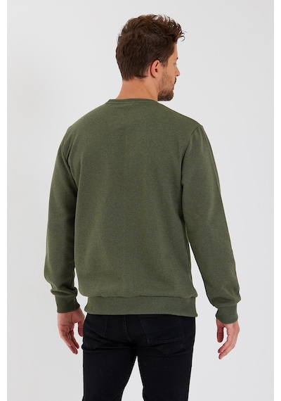 MMetalic Bisiklet Yaka Etiket Detayı İçi Pamuklu Erkek Sweatshirt Haki