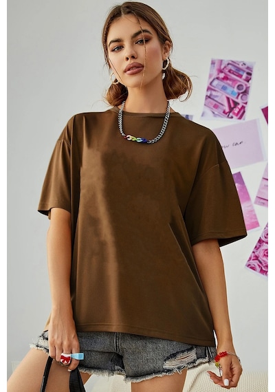 Unisex Hey You Baskılı T-shirt Kahverengi