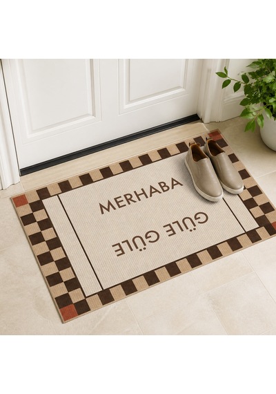 Kartela Halı Merhaba Güle Güle Damalı Kapı Paspası Bej Kaymaz Kauçuk Taban Yıkanabilir 60x90 Cm