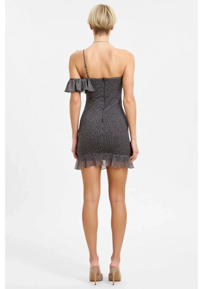 Benerly Kadın Asimetrik Yaka Volanlı Tül Mini Elbise Bodycon Kesim Astarl Kahverengi Benerly Kadın Asimetrik Yaka Volanlı Tül Mini Elbise Bodycon Kesim Astarl Kahverengi