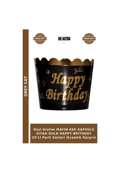 Özel Üretim Mafin Kek Kapsülü Siyah Gold Happy Brıthday 25 Li Parti Süsleri İkramlık Sürpriz Siyah - Altın