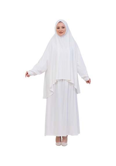 Modish Group İki Parça Namaz Elbisesi Uzun Pamuklu Tesettür Giyim Abaya & Başörtüsü Set Cream
