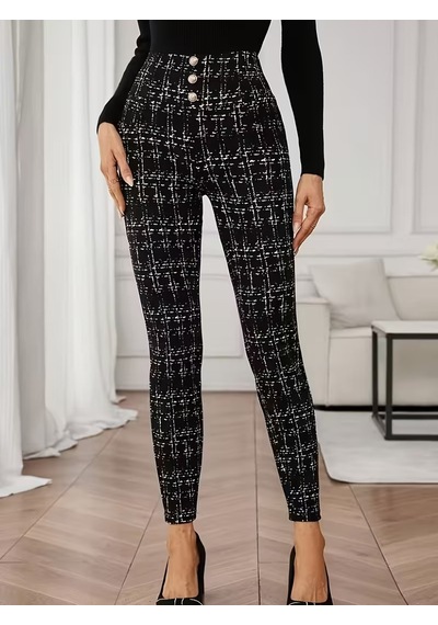 Bhrwear Kadın Yüksek Bel Önü Düğmeli Desenli Dalgıç Tayt Renkli