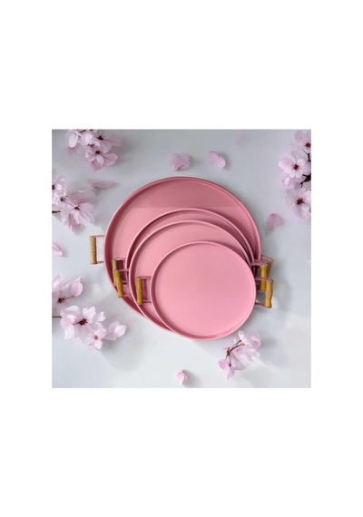 Eceaksesuar Ahşap Kulplu Metal Tepsi Çay Tepsisi 4'lü 50, 40, 37, 30 Cm Kahve Tepsisi Sunum Tepsi Seti Açık Pembe 50 X 30 Çok Renkli
