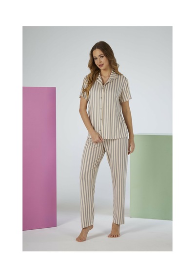 Estiva Kadın Pembe Çizgili Gri Kısa Kollu Önden Düğmeli Soft Pijama Takımı Çok renkli